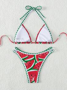 SHEIN 西瓜印花三角比基尼套裝，頸掛式 - 彩色 - 查看 8