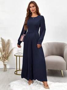 SHEIN Clasi 純色褶皺下擺束帶闊腿連身褲 - 藏蓝色 - 查看 2