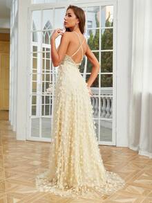 Floral Applique Mesh Prom Dress - Gold - View 2