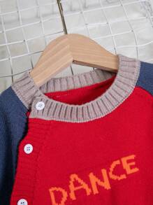 Baby Boy Letter & Dinosaur Pattern Raglan Sleeve Two Tone Button Detail Sweater Jumpsuit Autumn Fall - Multicolor - View 3