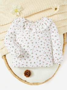 SHEIN Đứa bé gái In hoa Ditsy Viền Ruffle Áo - Màu be - Xem 1