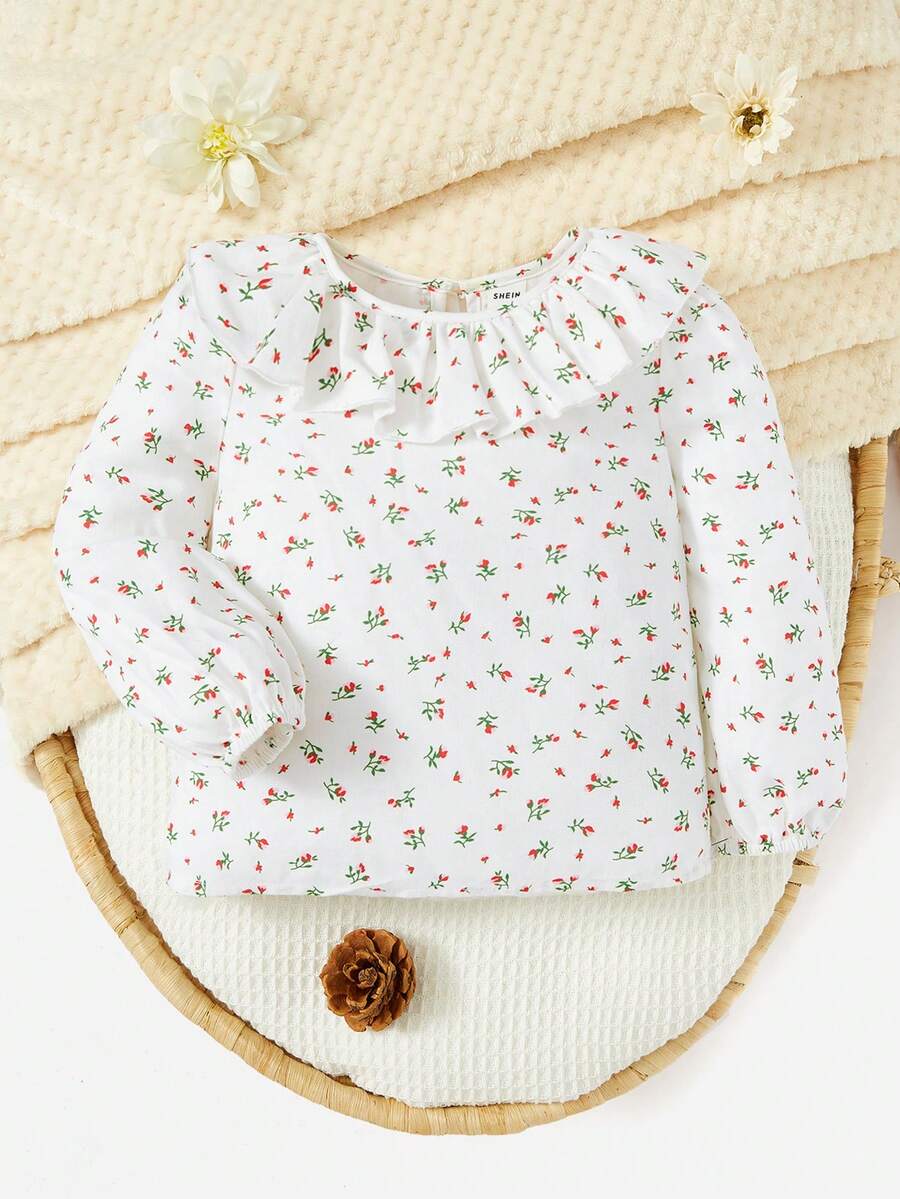 SHEIN Đứa bé gái In hoa Ditsy Viền Ruffle Áo - Màu be - Xem 1