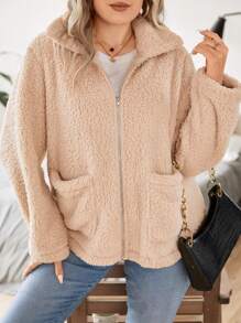 Celure Talla grande Abrigo teddy con doble bolsillo cremallera - Albaricoque - Ver 4