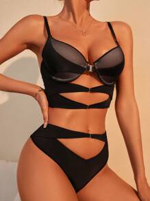Cut Out Bra & Panty Underwire Lingerie Set - Black - View 5