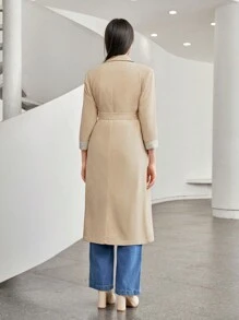 Seusyu Lapel Neck Double Breasted Belted Coat - Khaki - View 2