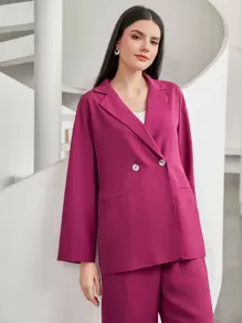 Seusyu Lapel Neck Double Button Blazer & Pants - Hot Pink - View 5
