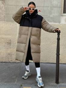 撞色长款羽绒服，翻领设计，女士冬季服装，女士冬季外套 - 彩色 - 查看 7