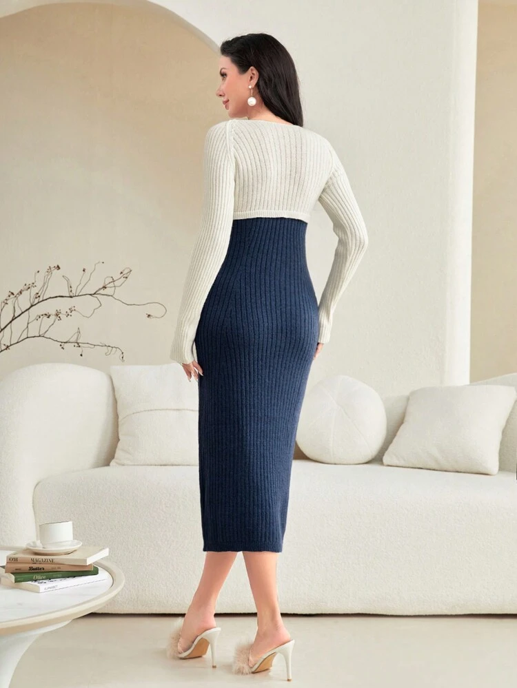 Two Tone Cold Shoulder Sweater Dress Fall Cloth For Women