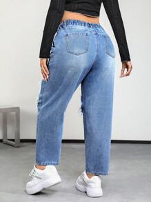 SHEIN ICON Plus High Waist Ripped Cut Out Mom Fit Jeans - Light Wash - View 2