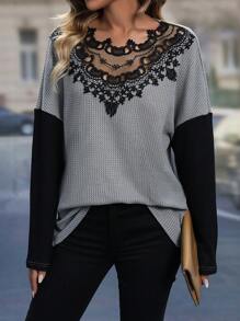 SHEIN LUNE Chèn ren Guipure Áo thun Thả vai - Nhiều màu - Xem 4