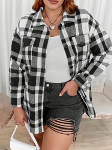 Flirla Plus Plaid Print Drop Shoulder Overcoat - Black and White - View 1