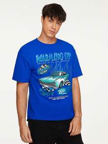 Manfinity RebelGame Loose Fit Men's Car & Letter Graphic Drop Shoulder T-Shirt - Blue - View 3