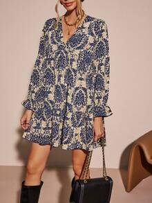 SHEIN LUNE Allover Print V Neck Smock Dress - Navy Blue - View 4