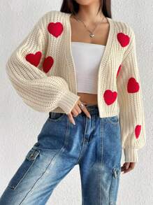 Flirla Heart Pattern Drop Shoulder Duster Cardigan Fall Winter Cloth For Women - Multicolor - View 5
