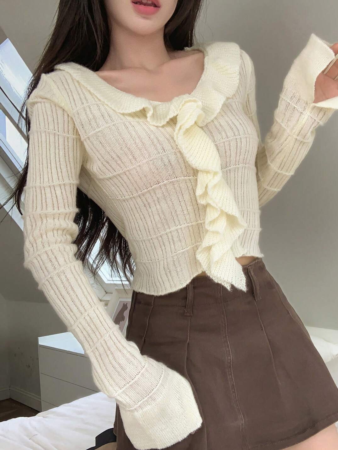 Solid Ruffle Trim Flounce Sleeve Crop Sweater,Fall Women Clothes