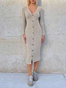 SHEIN EZwear Nút Thông qua Đồ đan Ribbed Váy bodycon - Màu be - Xem 1