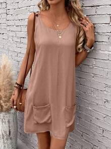 EMERY ROSE 素色雙口袋背心洋裝 - 藕粉色 - 查看 4