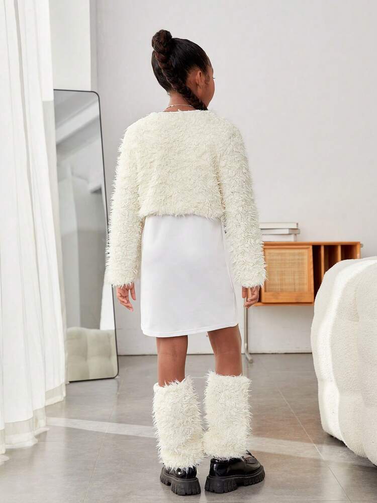 Tween Girl Solid Crop Fuzzy Jacket & Letter Graphic Dress & Bag