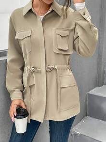 SHEIN Essnce 有蓋口袋落肩抽繩馬甲 - 卡其色 - 查看 6