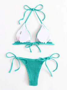 SHEIN Swim Summer Beach Textured Halter Thong Bikini Set - Baby Blue - View 2