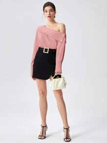 BizChic Solid Button Detail Asymmetrical Neck Blouse