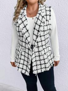 SHEIN LUNE Plus Plaid Pattern Raw Trim Vest Blazer - Black and White - View 5