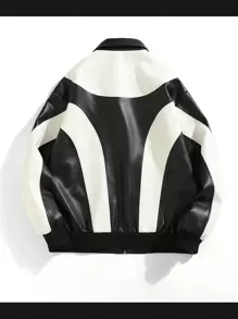Men Long Sleeve Two Tone Zip Up PU Leather Jacket, For Fall Winter - Black and White - View 2