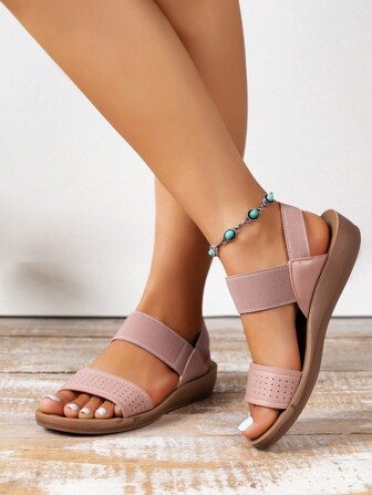 Women Minimalist Perforated Slingback Sandals, Open Toe Low Heel Sandals