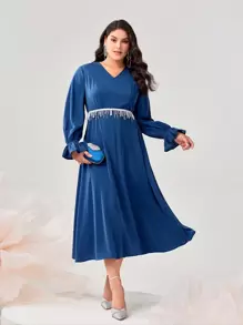 Modelyn Đầm dạ hội dài tay loe viền tua rua - Màu xanh hải quân - Xem 3