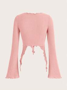 SHEIN ICON Tie Trước Ren Mộc nhĩ Tay áo kèn  Top Cây trồng - Hồng - Xem 2