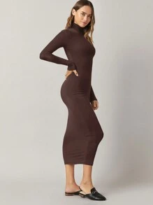EURMUSE Mock Neck Bodycon Dress - Coffee Brown - View 3