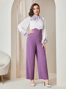 Modelyn Floral Printed Lantern Sleeve Shirt & High-Waisted Wide-Leg Pants 2 Pieces Set - Multicolor - View 4