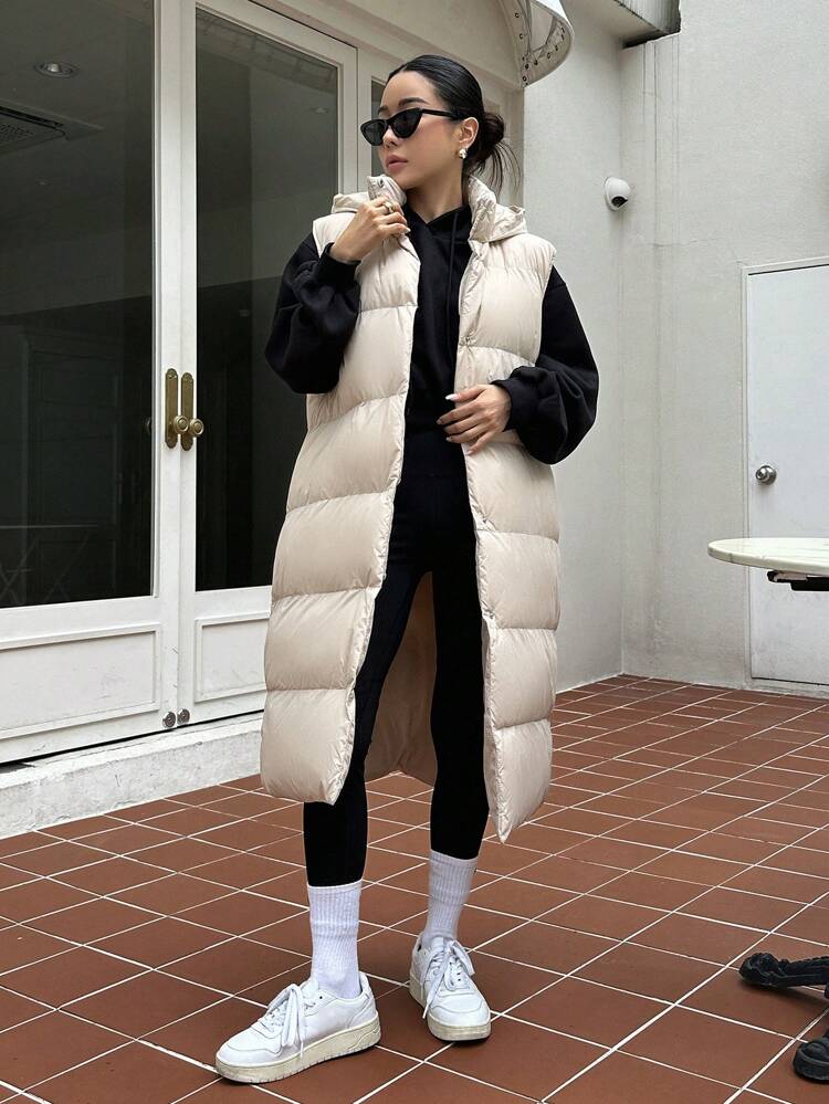 Solid Button Front Vest Padded Pockets Coat, Women Winter Coat