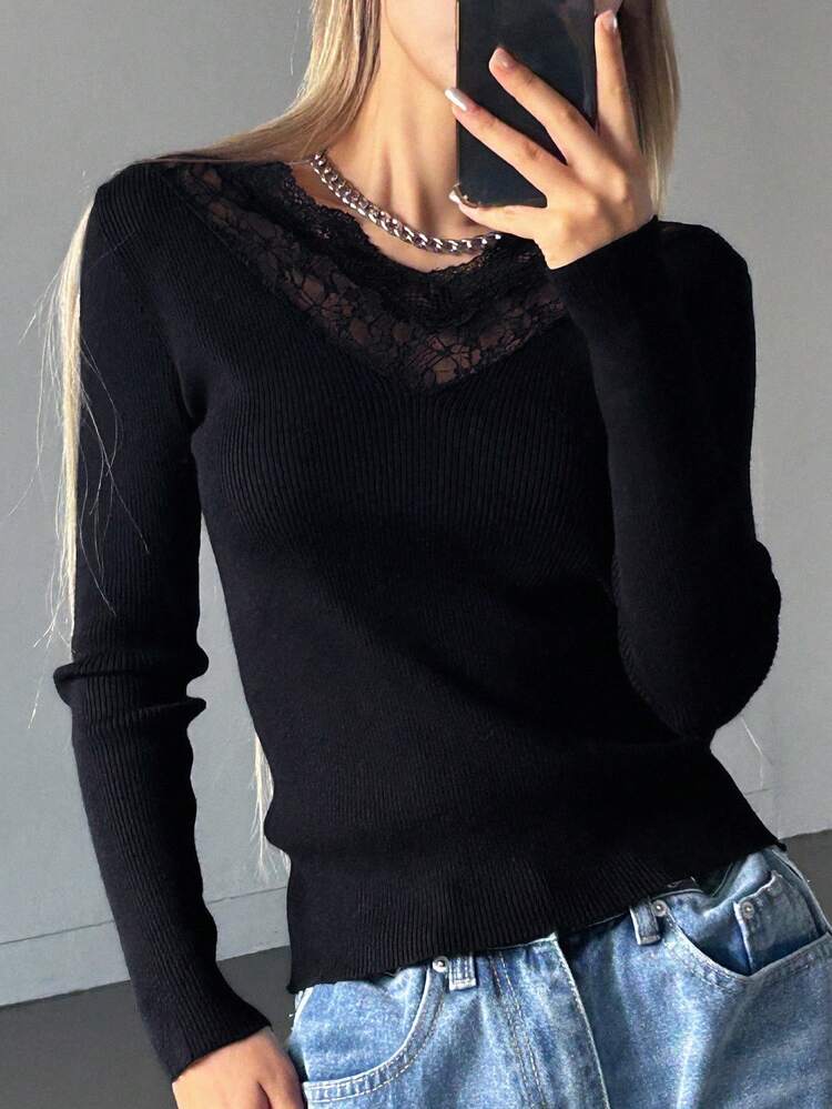 Contrast Lace Ribbed Knit Sweater Fall