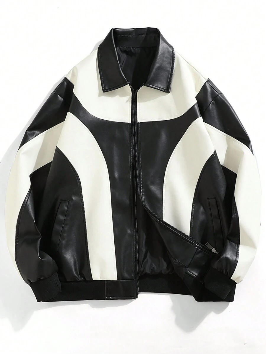 Men Long Sleeve Two Tone Zip Up PU Leather Jacket, For Fall Winter - Black and White - View 1