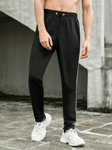 Hombres Pantalones deportivos con cinta de rayas lado de cintura con cordón - Negro - Ver 4