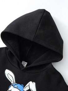 SHEIN 男小童寬鬆可愛兔子卡通字母圖案落肩袖連帽衫,秋天和冬天 - 黑色 - 查看 5