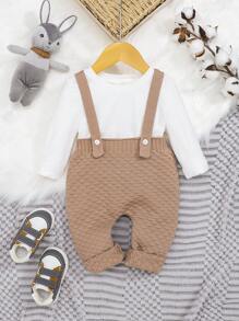 SHEIN Baby Boy Solid Knit Suspender Pants Without Tee - Apricot - View 1