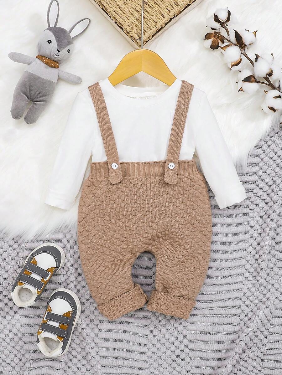 SHEIN Baby Boy Solid Knit Suspender Pants Without Tee - Apricot - View 1