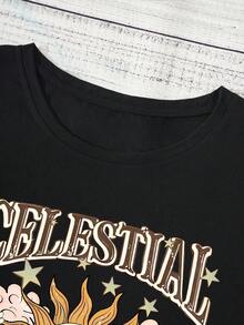 SHEIN EZwear Cộng với áo thun họa tiết mặt trời và chữ cái - màu đen - Xem 6