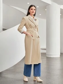 Seusyu Lapel Neck Double Breasted Belted Coat - Khaki - View 3