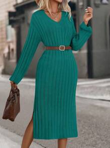 SHEIN Clasi Drop Shoulder Split Thigh Sweater Dress Without Belt - Green - View 1