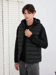 RueChic Men Zip Up Hooded Puffer Vest Coat - Black - View 1