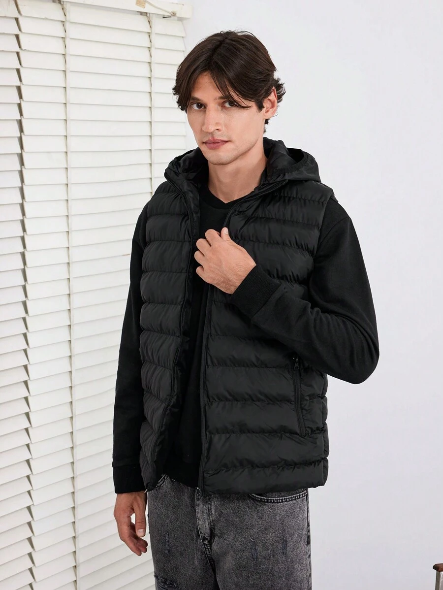 RueChic Men Zip Up Hooded Puffer Vest Coat - Black - View 1