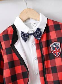 Chàng trai trẻ 1 Miếng Bản in Gingham Áo khoác & 1 Miếng Quần jean & 1 Miếng Nơ thắt Áo sơ mi - Nhiều màu - Xem 5