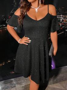 Plus Cold Shoulder Glitter Dress - Black - View 7