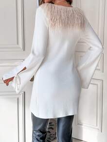 SHEIN Privé 喇叭袖前結開襟衫 - 米色 - 查看 4