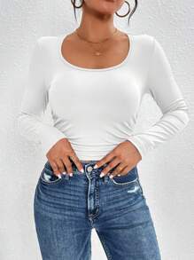 SHEIN PETITE 素色大圓領側收褶T恤 - 白色 - 查看 4