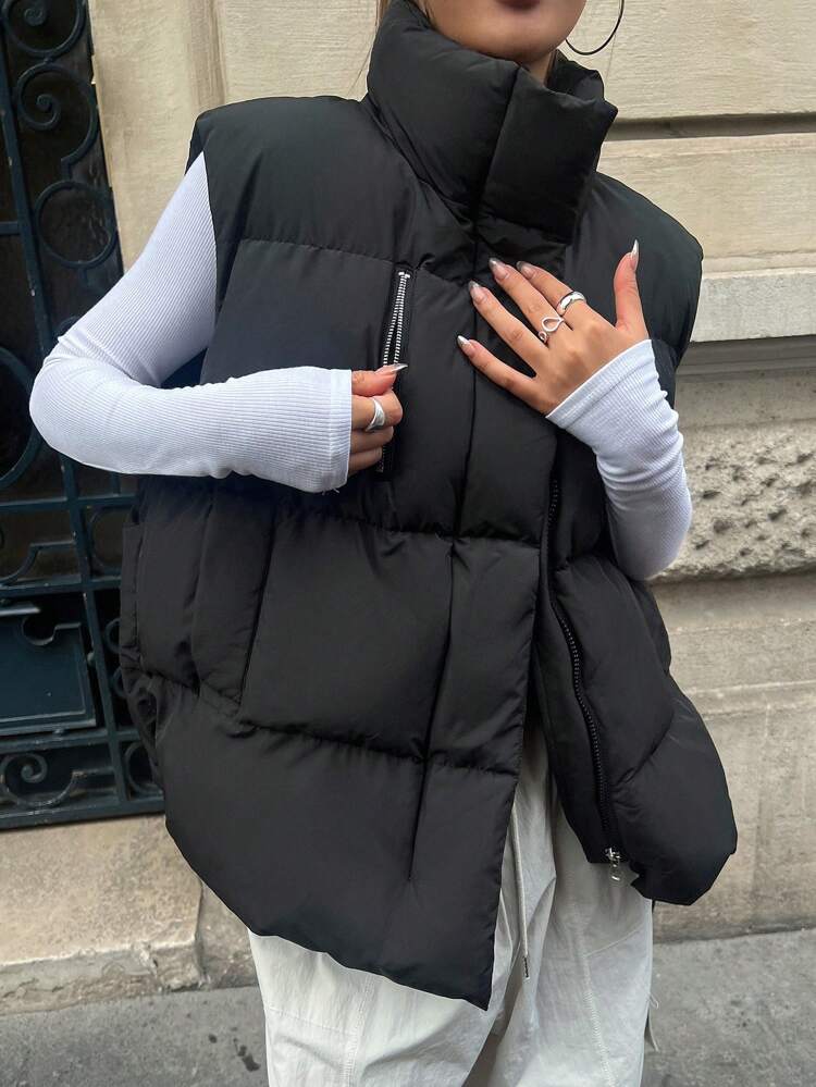 Zip Up Slant Pocket Vest Padded Thick Pockets Coat, Women Winter Coat Jacket