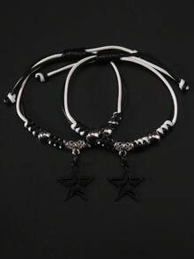 ROMWE Grunge Punk 2入組時尚星形墜飾手環適合女士日常裝飾 - 黑色 - 查看 3
